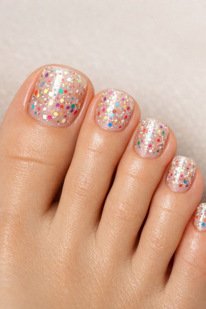 Nude glitter subtle elegant toenail look