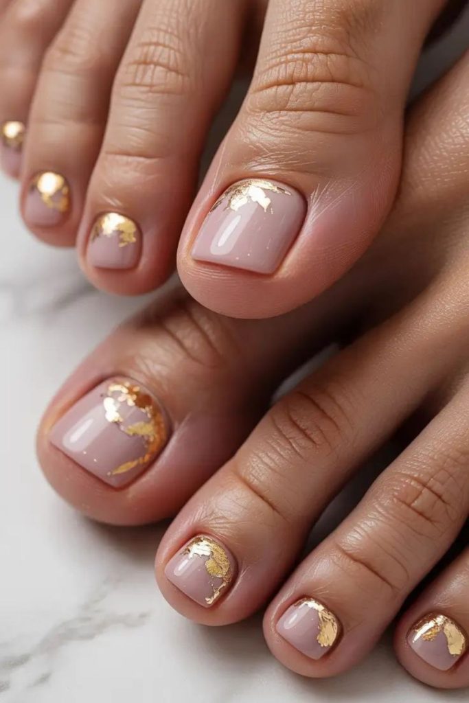 Nude gold foil stylish toe nails