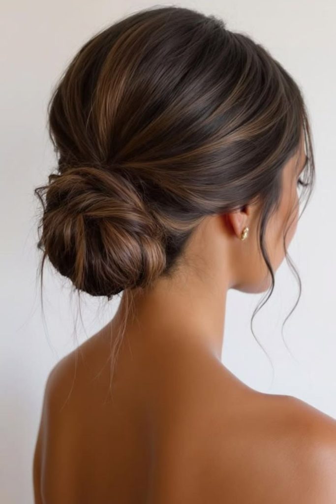 Sleek low bun glossy dark finish