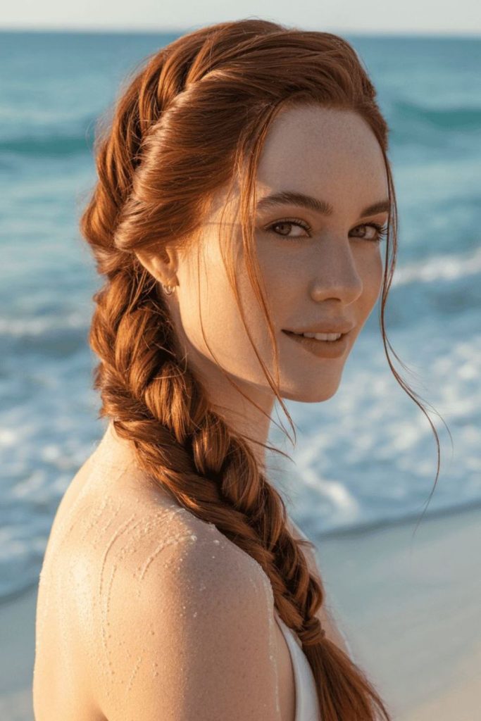 Side braid soft ocean drift look.