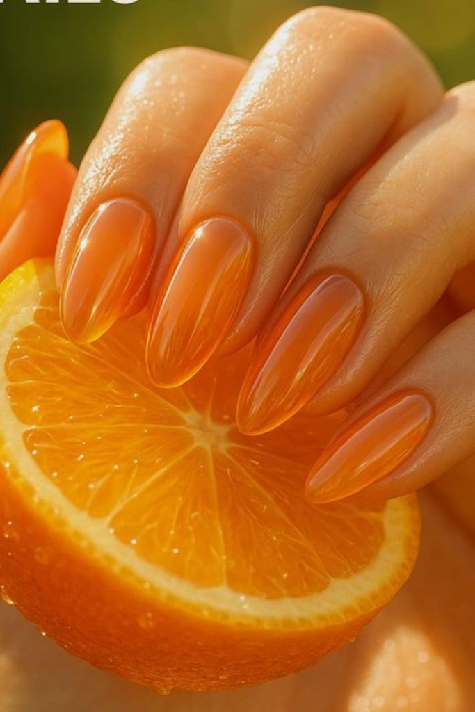 Jelly orange translucent glowing soft nails.