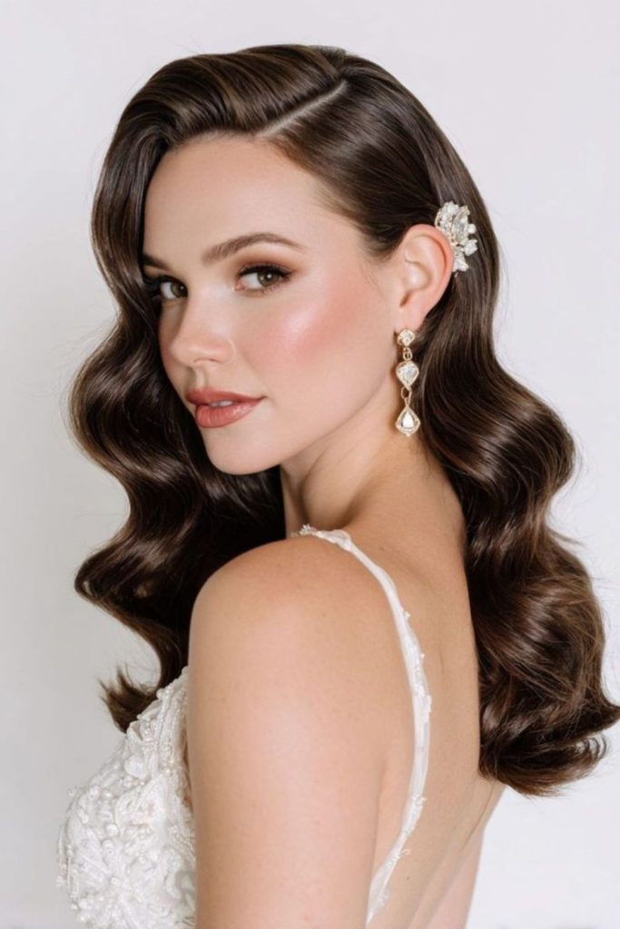 Side swept waves with floral pins