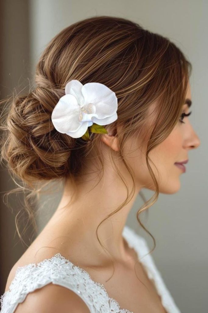 Orchid wave side chignon floral inspired bun style