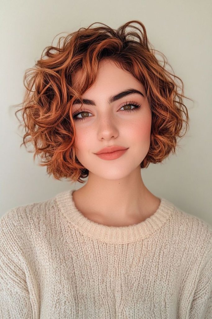 Peach bloom short curly pixie style.