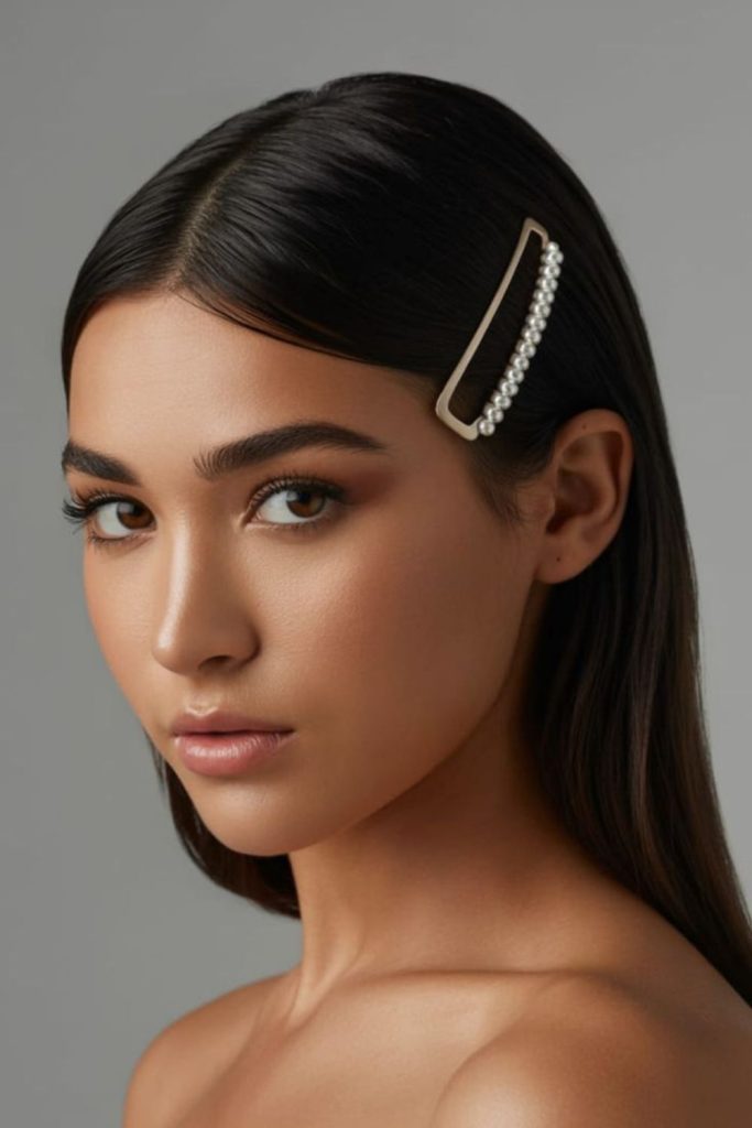 Sleek mid part pearl clip hairstyle.