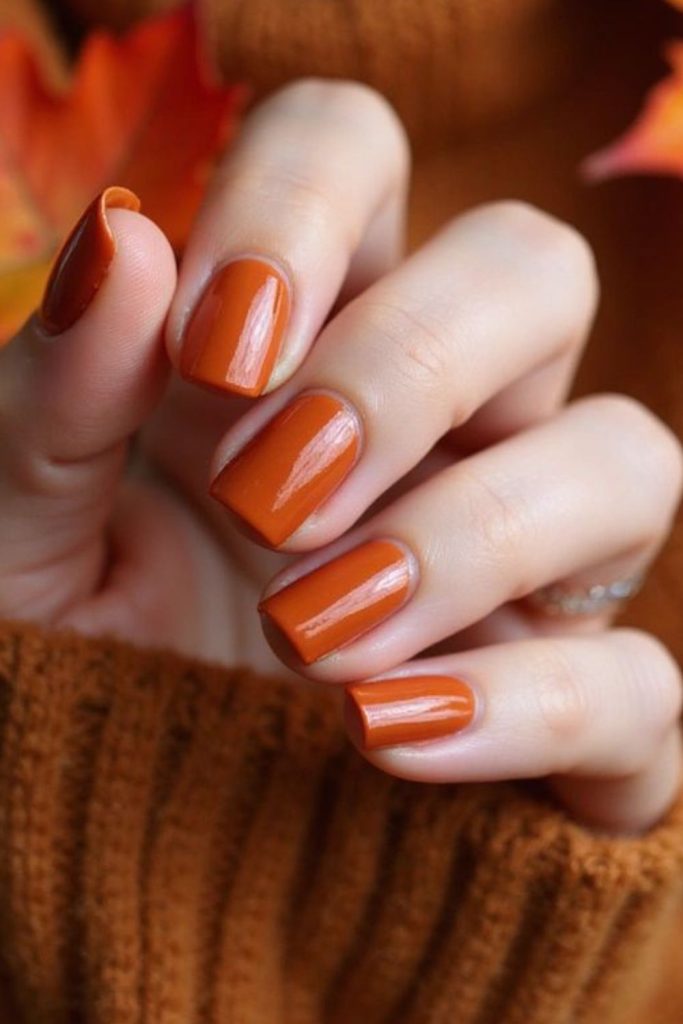 Pumpkin spice shimmer warm orange nails.