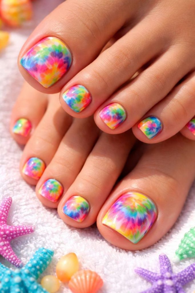 Rainbow drip colorful playful toenail art