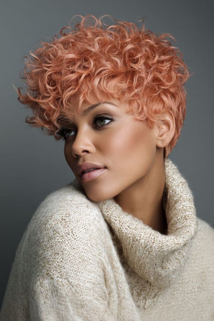 Rose gold short curly pixie bob.