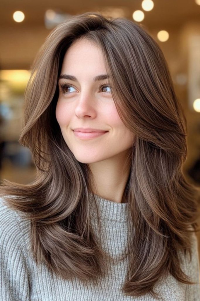 Rose gold curtain waves with center part smooth glamorous flowing finish style.