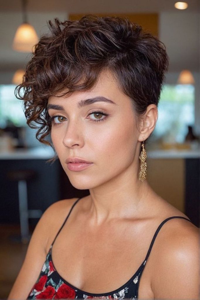 Rose twist short curly pixie look.
