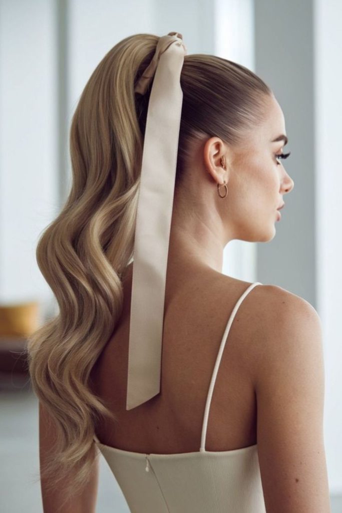 Sleek high pony ribbon bridal look