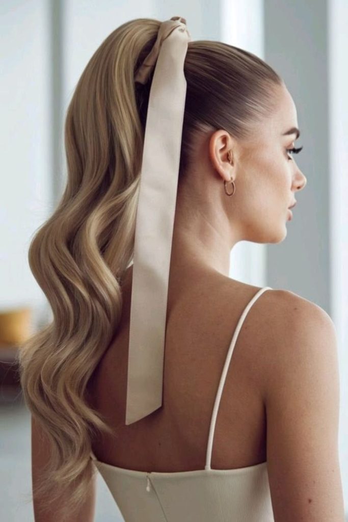 Ponytail ribbon tied ponytail style