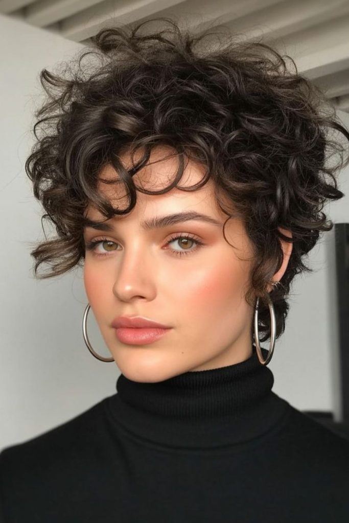 Smoky fade short curly pixie hairstyle.