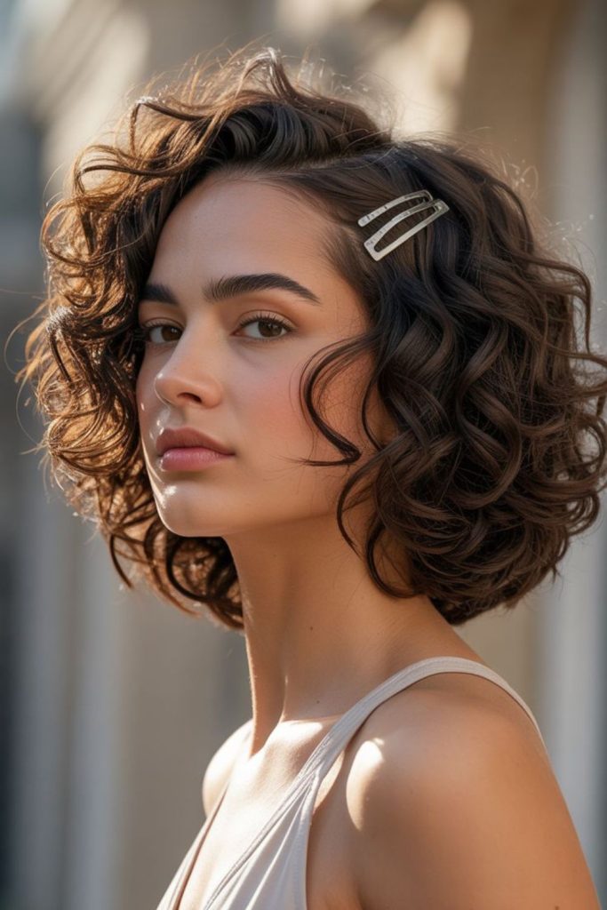Soft whirl short curly bob style.