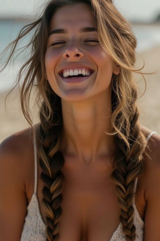 Double ponytails twisted playful pool look.