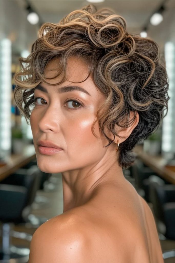 Starburst short curly pixie prom hairstyle.