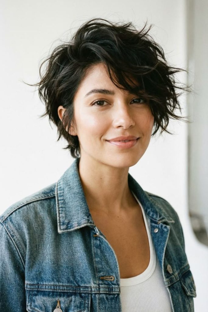 Gritty bixie with dusty volume texture.