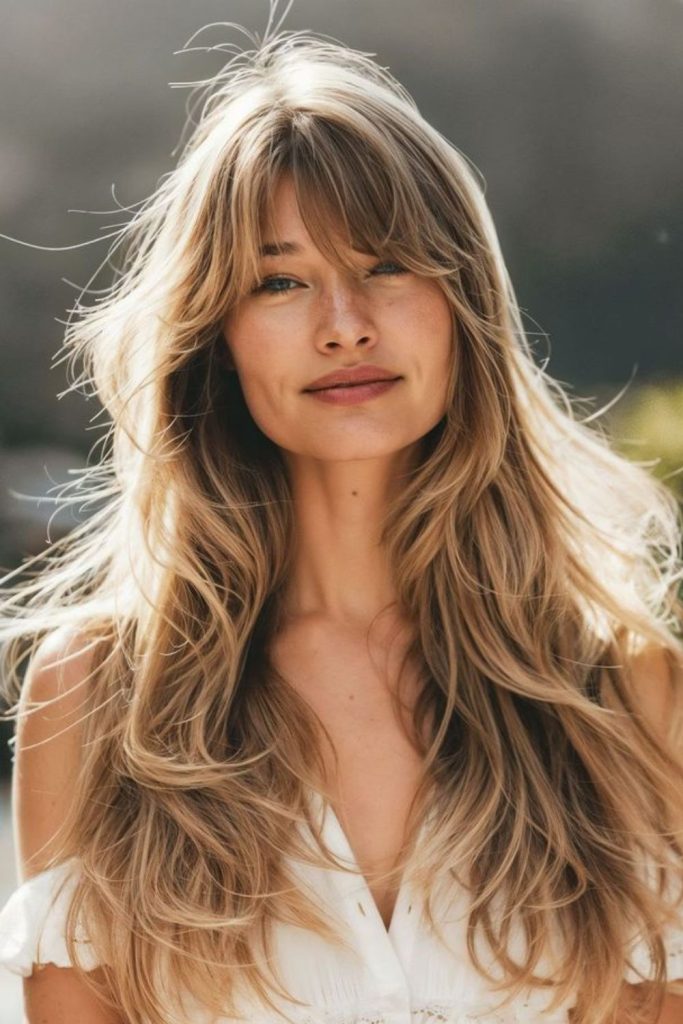 Sunbeam curtain fringe soft parted bangs airy face framing style