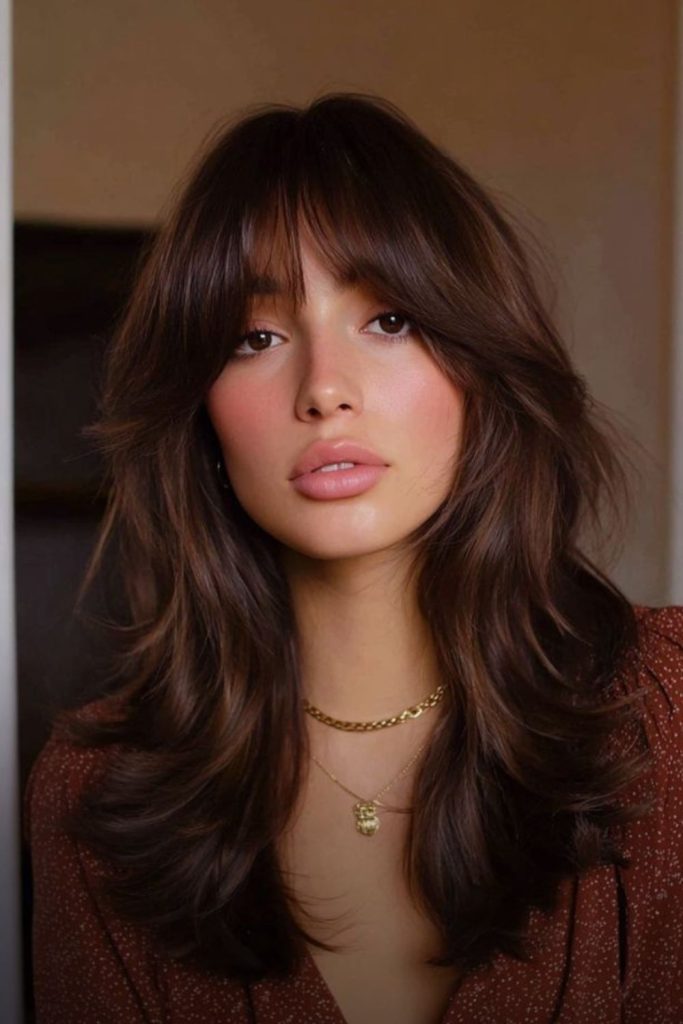 Sunflare curtain bangs soft face framing hairstyle