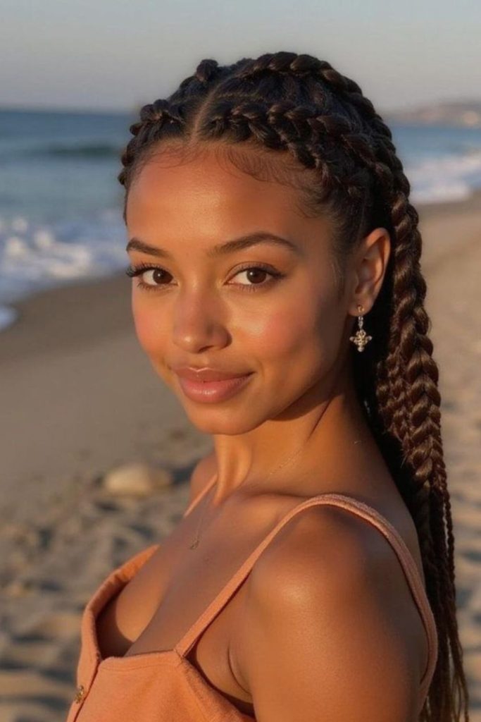 Micro braids scattered sunlit textured hair.