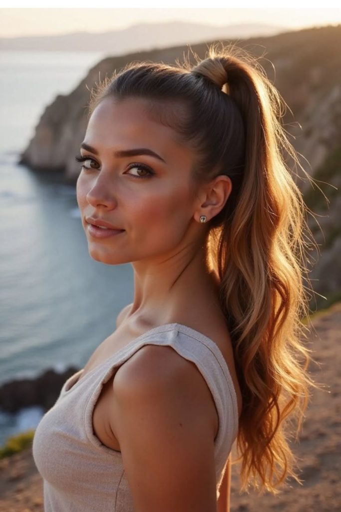 Sunlit halo pony drift summer glow hairstyle flowing softly outdoors