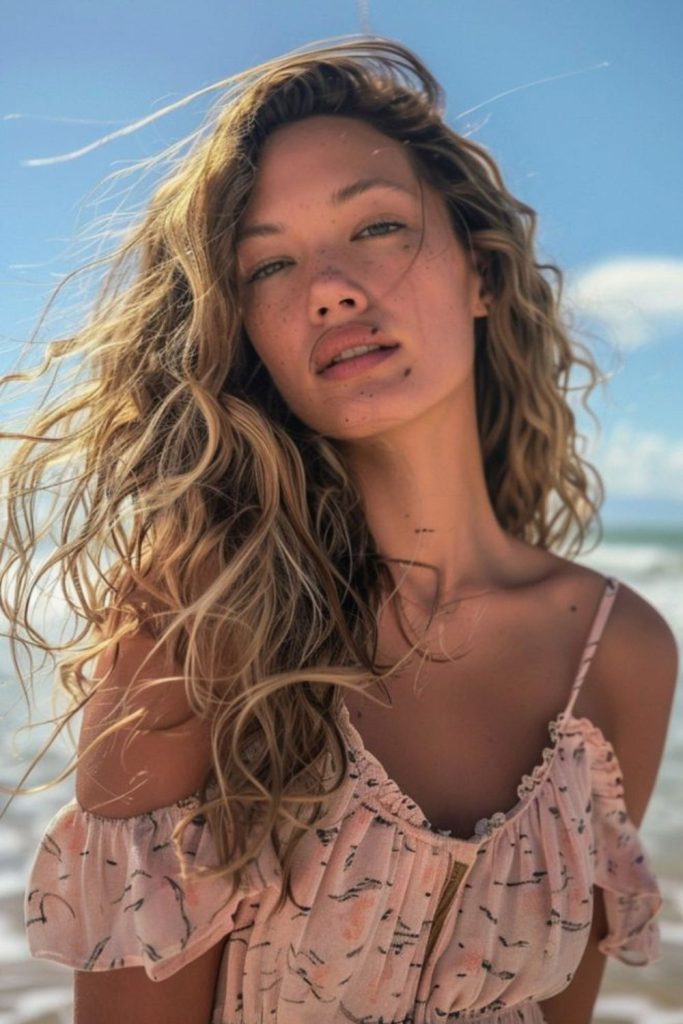 Loose waves sunset pool glow hairstyle.