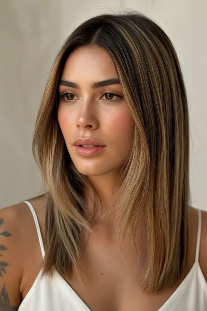 Sunset fade layer lob layered lob warm gradient sunset tones