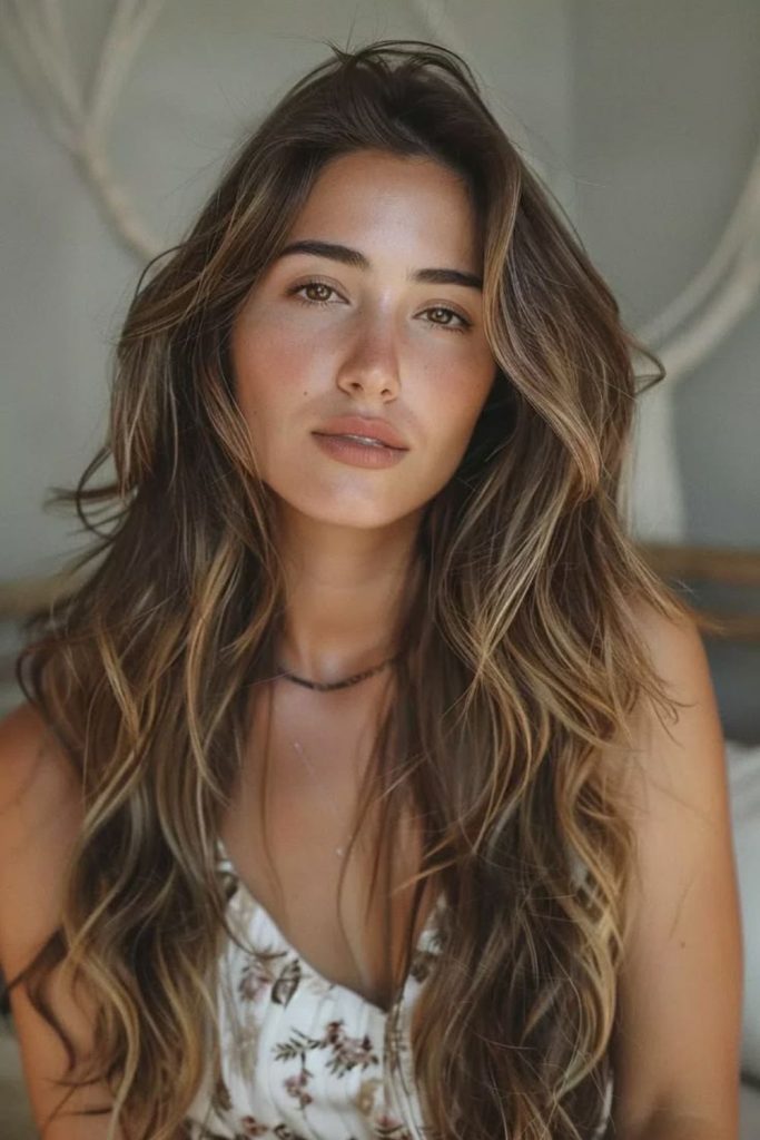 Layered flick hair soft sunset glow.