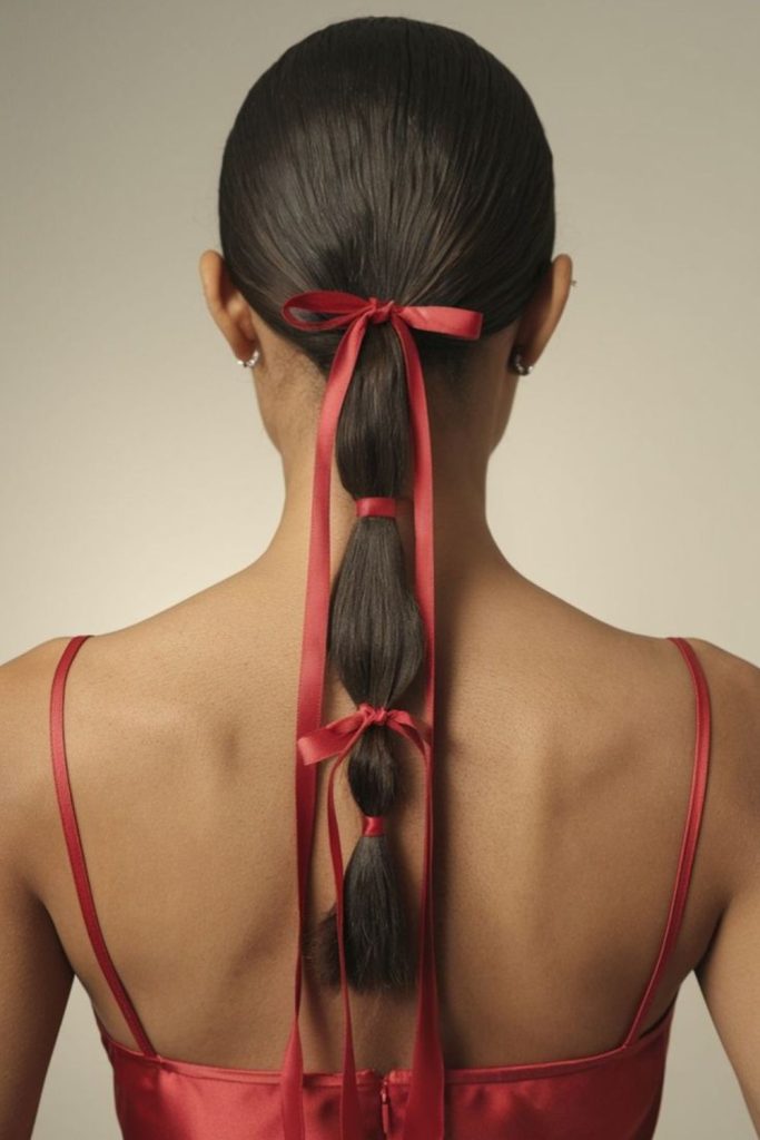 Tangerine ribbon pony sleek ponytail ribbon tied bright summer energy