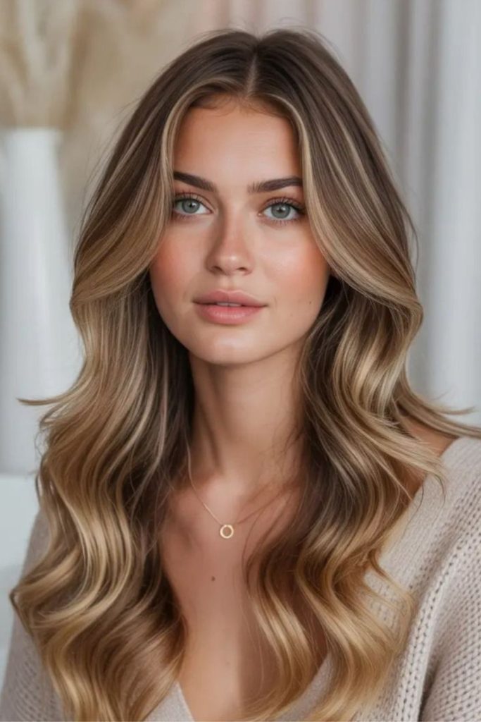 Toasted almond balayage warm dimensional waves