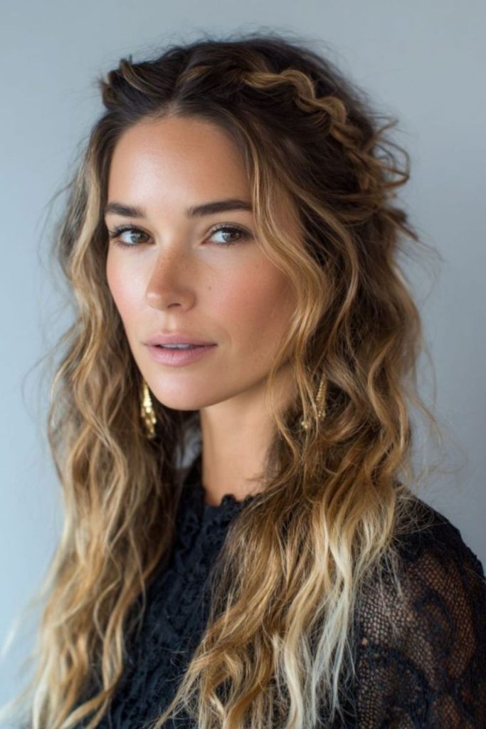 Twisted knot cascade textured tropical hairstyle.