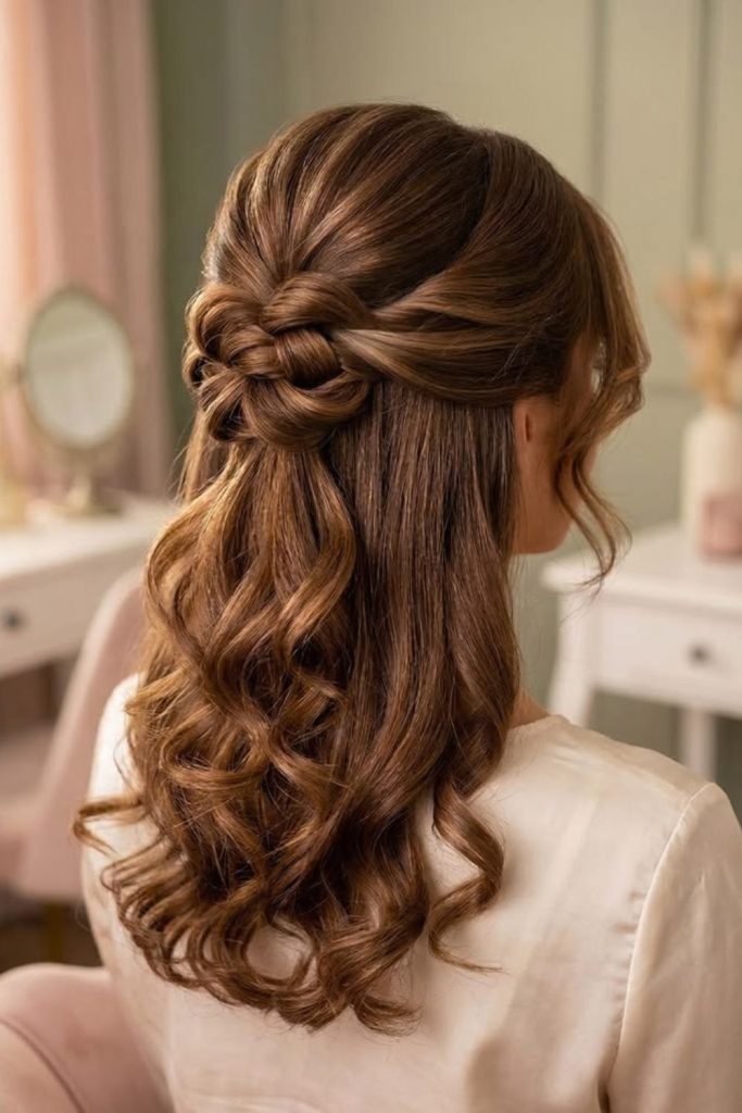 Velvet spiral half sweep hairstyle with asymmetry 