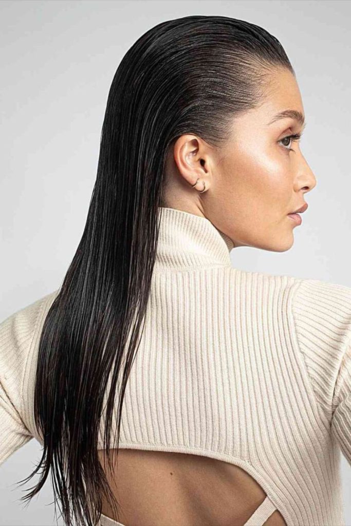 Straight wet silk smooth hair look.