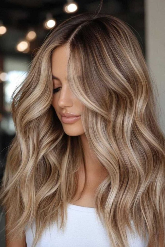 Creamy blonde highlights through almond brown.