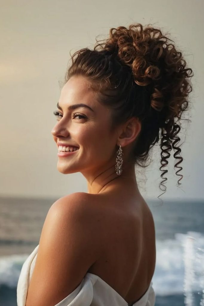 Bouncy amber toned curly hairstyle.