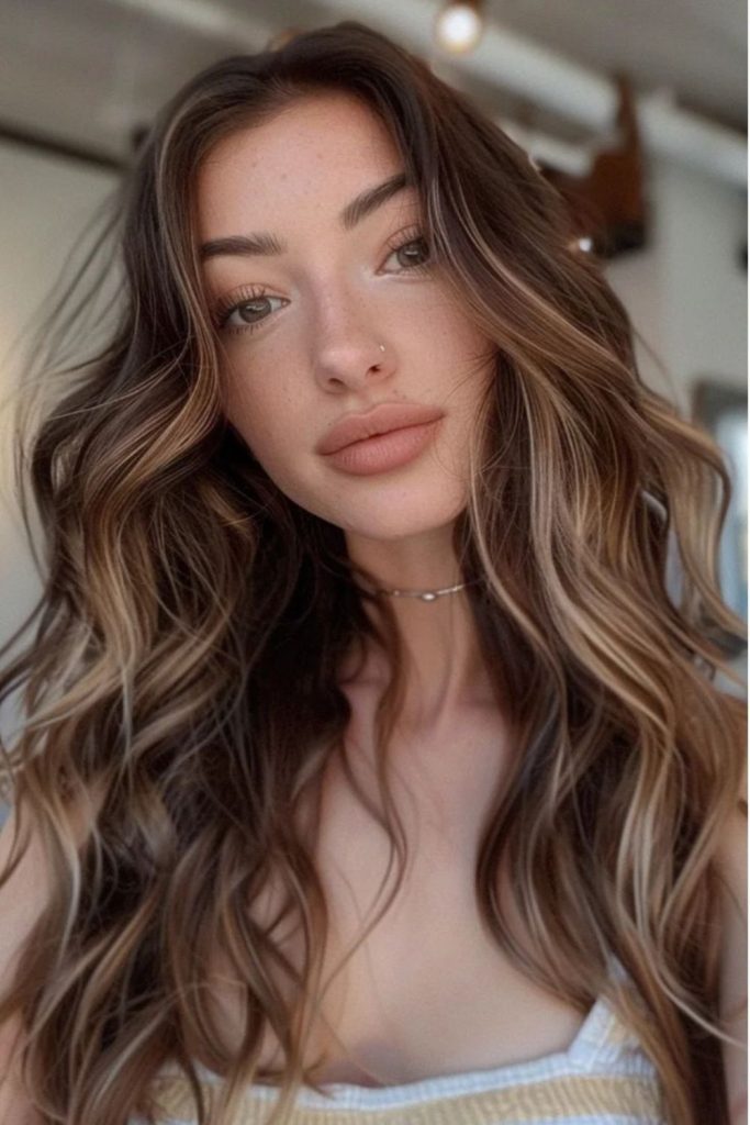 Amber blonde accents through silky brown.