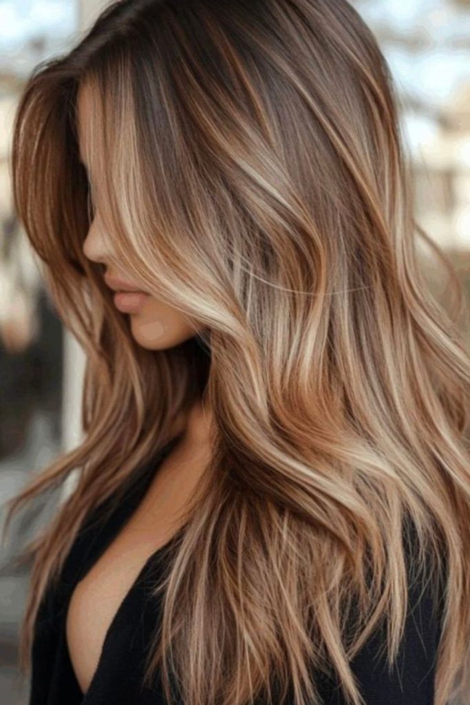 Amber blonde mocha wavy hairstyle.