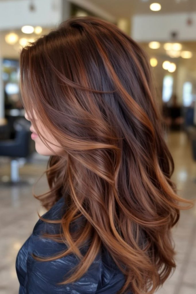 Amber highlighted brunette layered hairstyle.