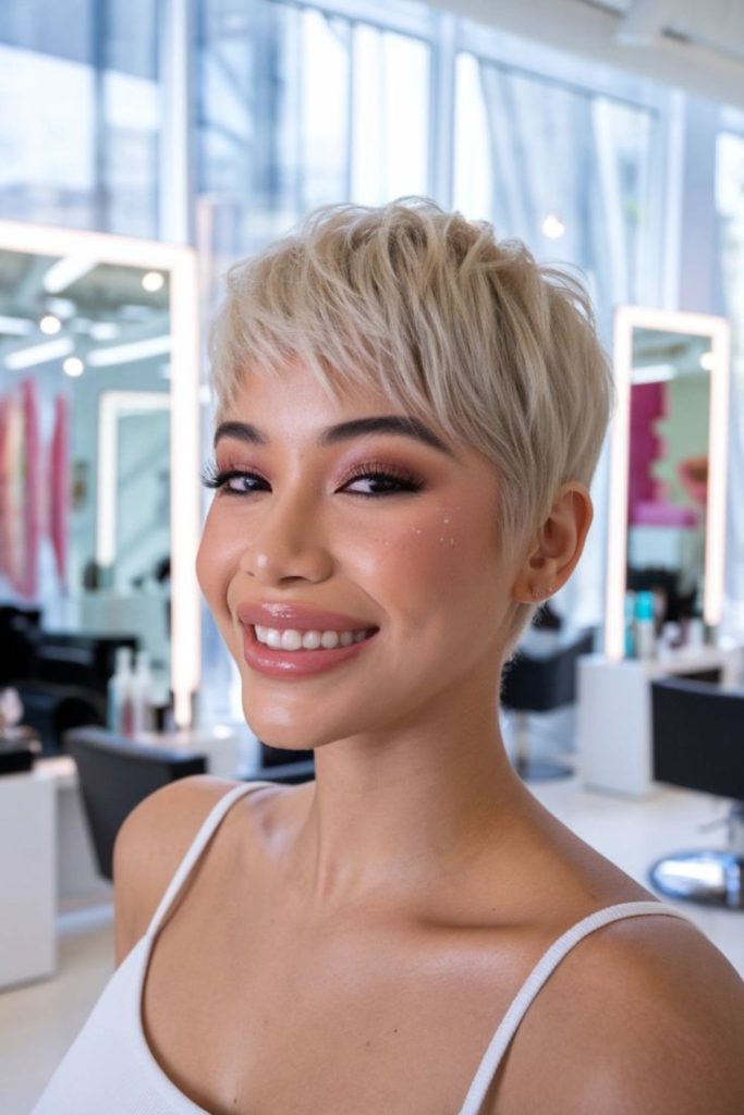 Ice blonde pixie hairstyle with airy texture and fresh cool tone.