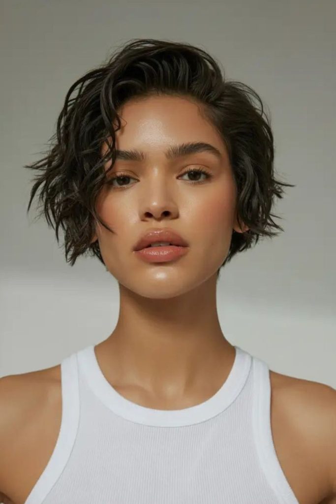Muted ash pixie cut with velvet smooth texture and minimal soft style.