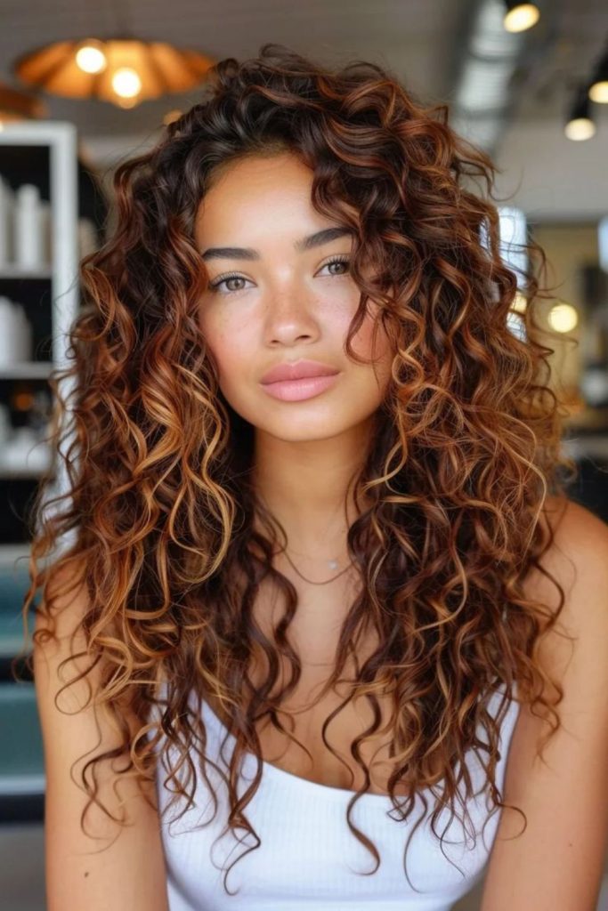 Auburn blooming curls warm vibrant textured style