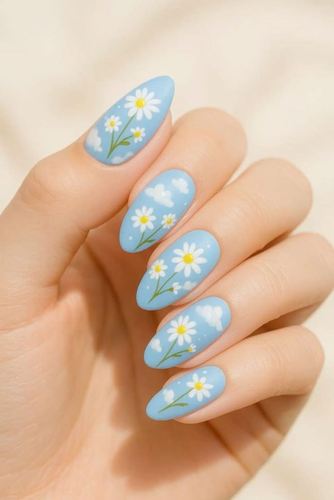 Blue nails with yellow floral glaze accents.