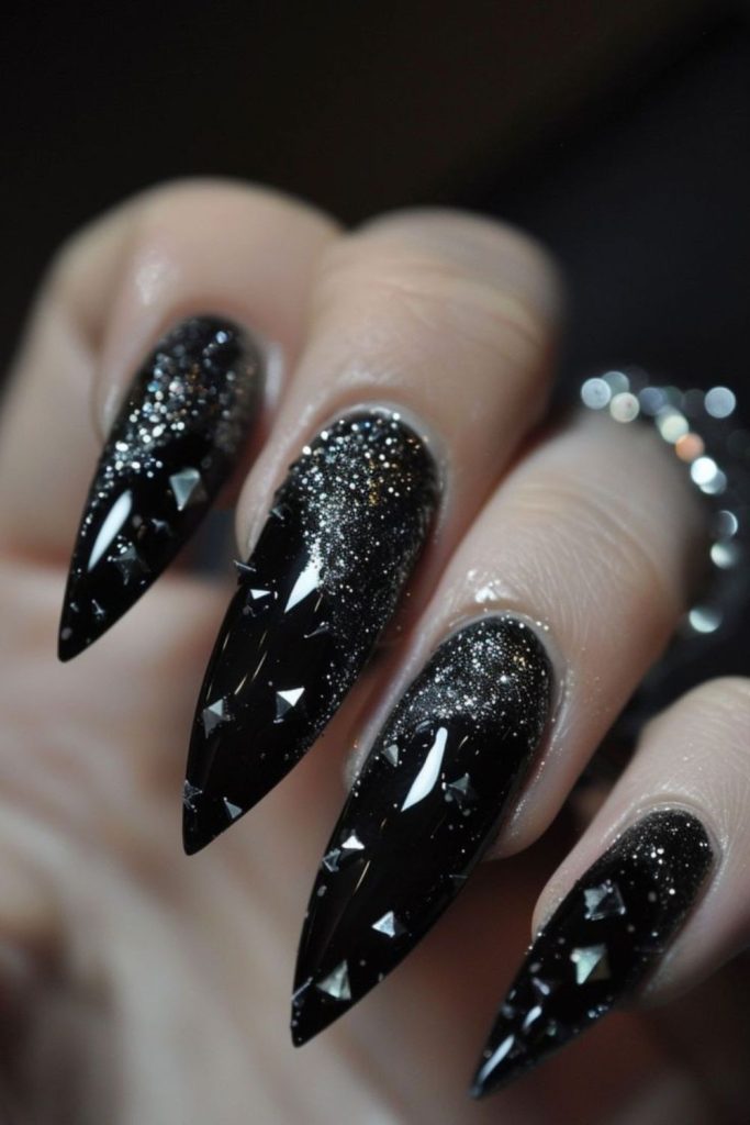 Velvet black silver spark nails design