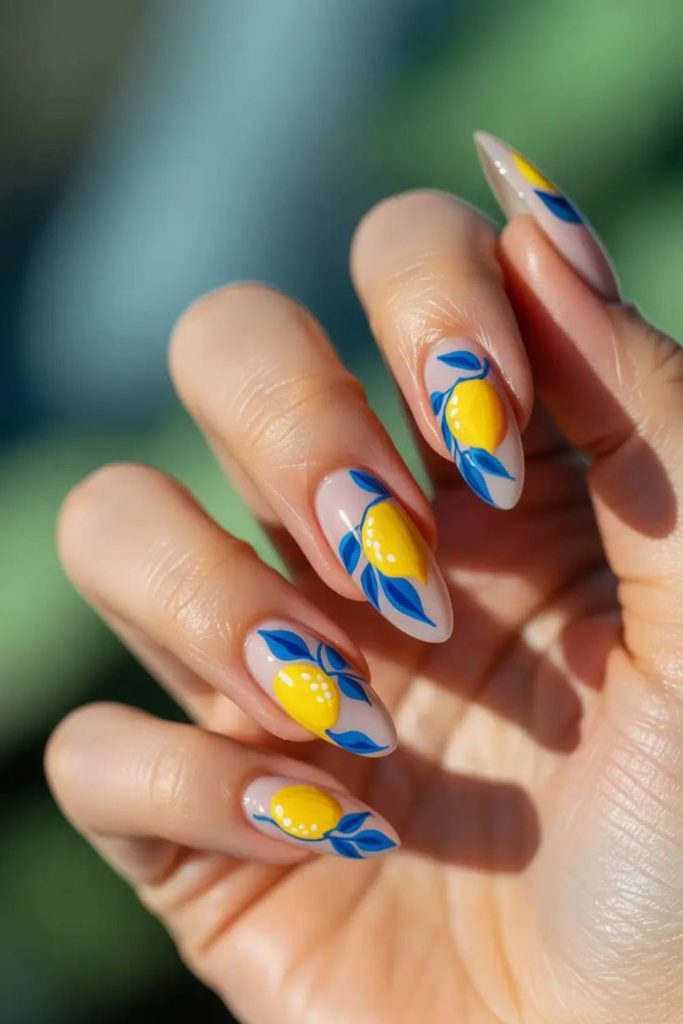 Blue honeycomb nails with yellow centers.
