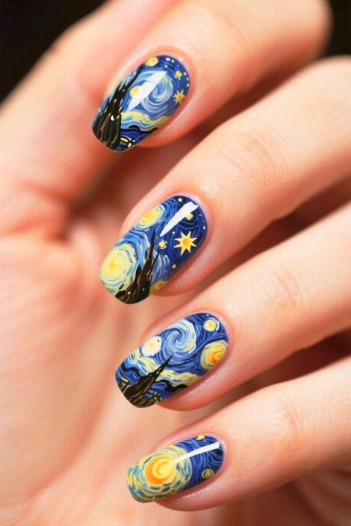 Blue nails with yellow star night sky.