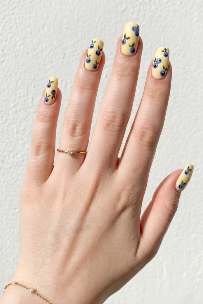 Matte yellow nails with blue berry sprinkle dots.