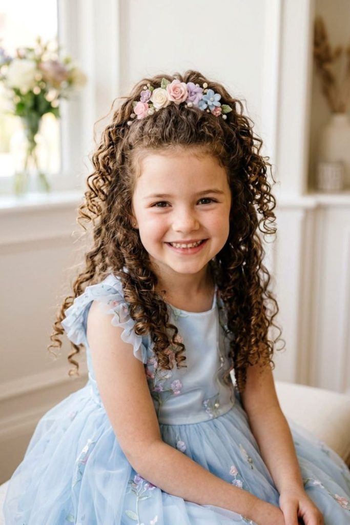 Golden curls half crown volume style