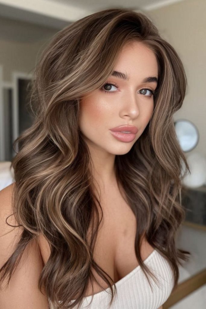 Bronze brunette shoulder-length highlighted cut.