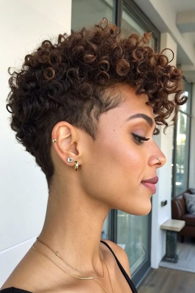 Warm bronze pixie cut with tapered sides and softly glowing halo inspired crown.