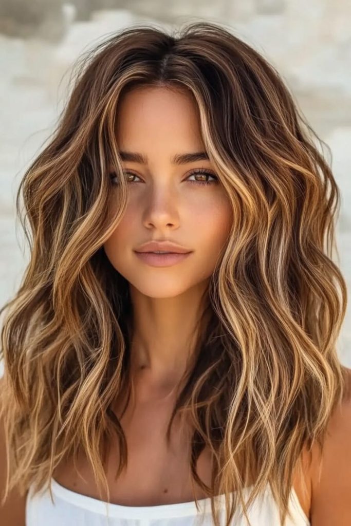 Bronzy honey highlights in brown waves.